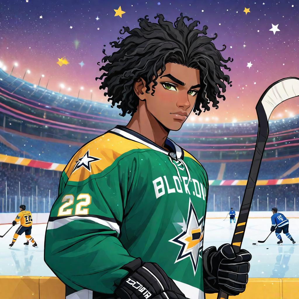  anime art very beautiful african american male hockey player, 4c curly black hair, black skin male, green sullen eyes, long black lashes, bow shaped lips, flat eyebrows, snub nose shape, scar on right cheek that goes to jaw, bridge nose piercing, hockey player, on ice rink, hockey stick, blue and yellow jersey with stars, full body., award winning, professional, highly detailed, masterpiece