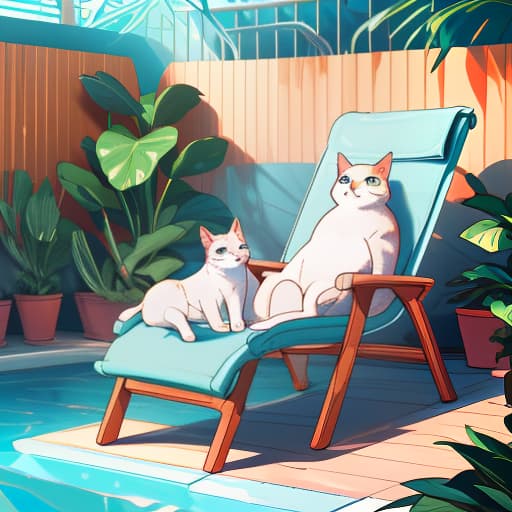  A cat in glasses lies on a lounge chair by the pool., animal, illustration, flat, vector, detailed. hyperrealistic, full body, detailed clothing, highly detailed, cinematic lighting, stunningly beautiful, intricate, sharp focus, f/1. 8, 85mm, (centered image composition), (professionally color graded), ((bright soft diffused light)), volumetric fog, trending on instagram, trending on tumblr, HDR 4K, 8K