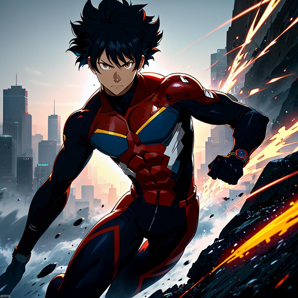  a hero with a costume and a quirk, in the vibrant and dynamic style of kohei horikoshi, with bold colors and exaggerated action poses. hyperrealistic, full body, detailed clothing, highly detailed, cinematic lighting, stunningly beautiful, intricate, sharp focus, f/1. 8, 85mm, (centered image composition), (professionally color graded), ((bright soft diffused light)), volumetric fog, trending on instagram, trending on tumblr, HDR 4K, 8K