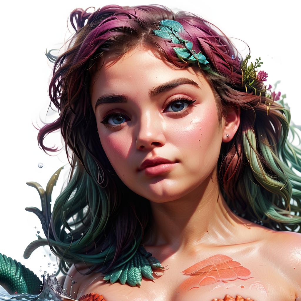  concept art mermaid, sweet, , round face, small plump lips, small nose, naive, long eyelashes, white background . digital artwork, ilrative, painterly, matte painting, highly detailed, civitai