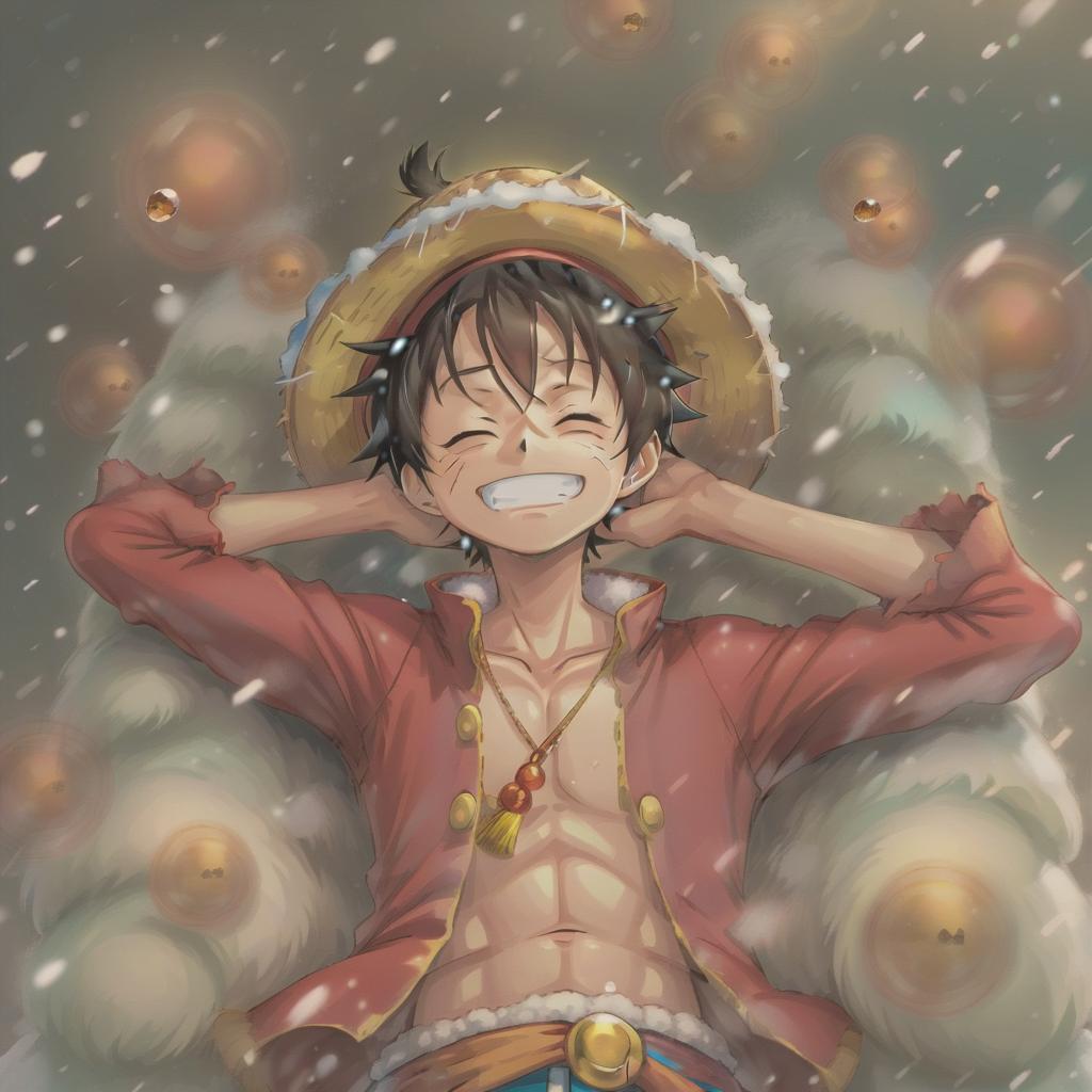  anime artwork luffy snows in winter hat in snow with eyes closed . anime style, key visual, vibrant, studio anime, highly detailed