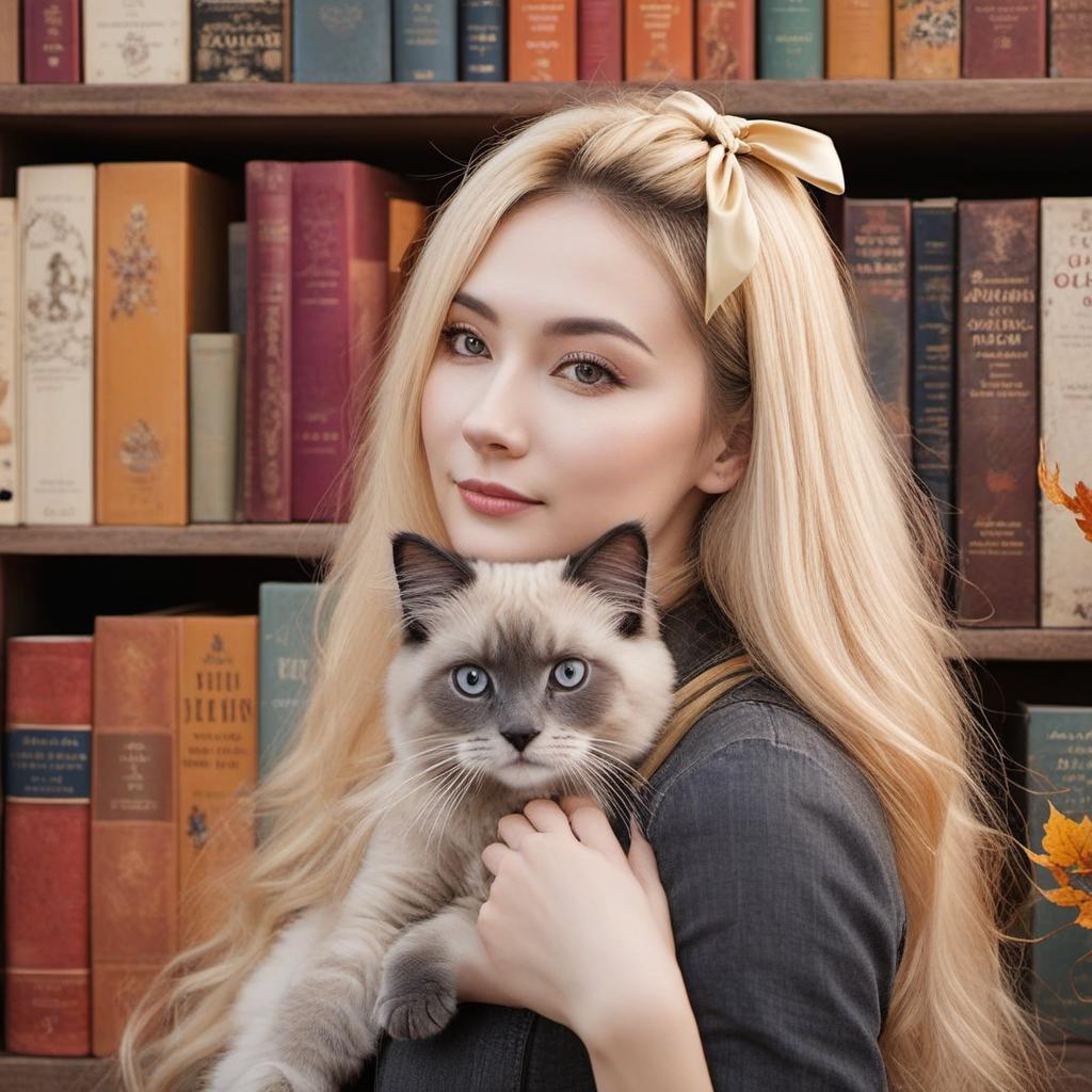  two mid twenty women with blond hair and bow in hair shown from behind, with books, a ragdoll cat, autumnal, cozy, profile image style