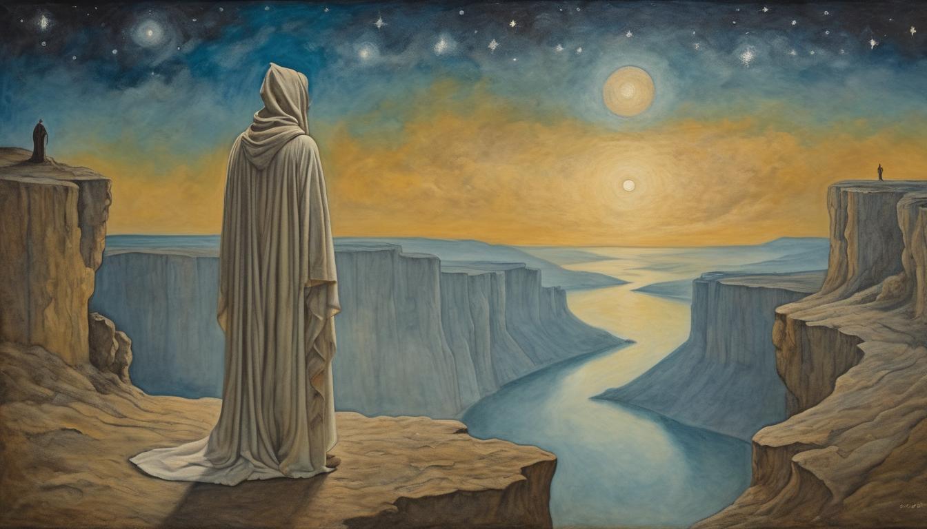  on parchment, surrealism++, a figure in flowing robes, standing at the edge of a cliff, looking out at a vast, illuminated night sky, sense of departure(mysterious, provocative, symbolic)++