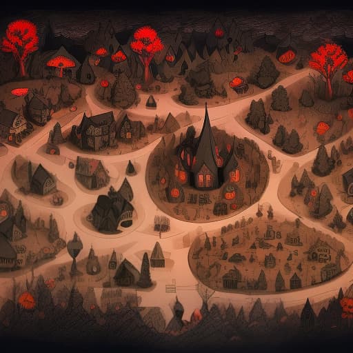  map of the area in the style of halloween, which depicts a tent of a vampire circus, a creepy house and a cemetery, overland fantasy woodland map, such as a map, a font that is modern and easy to read