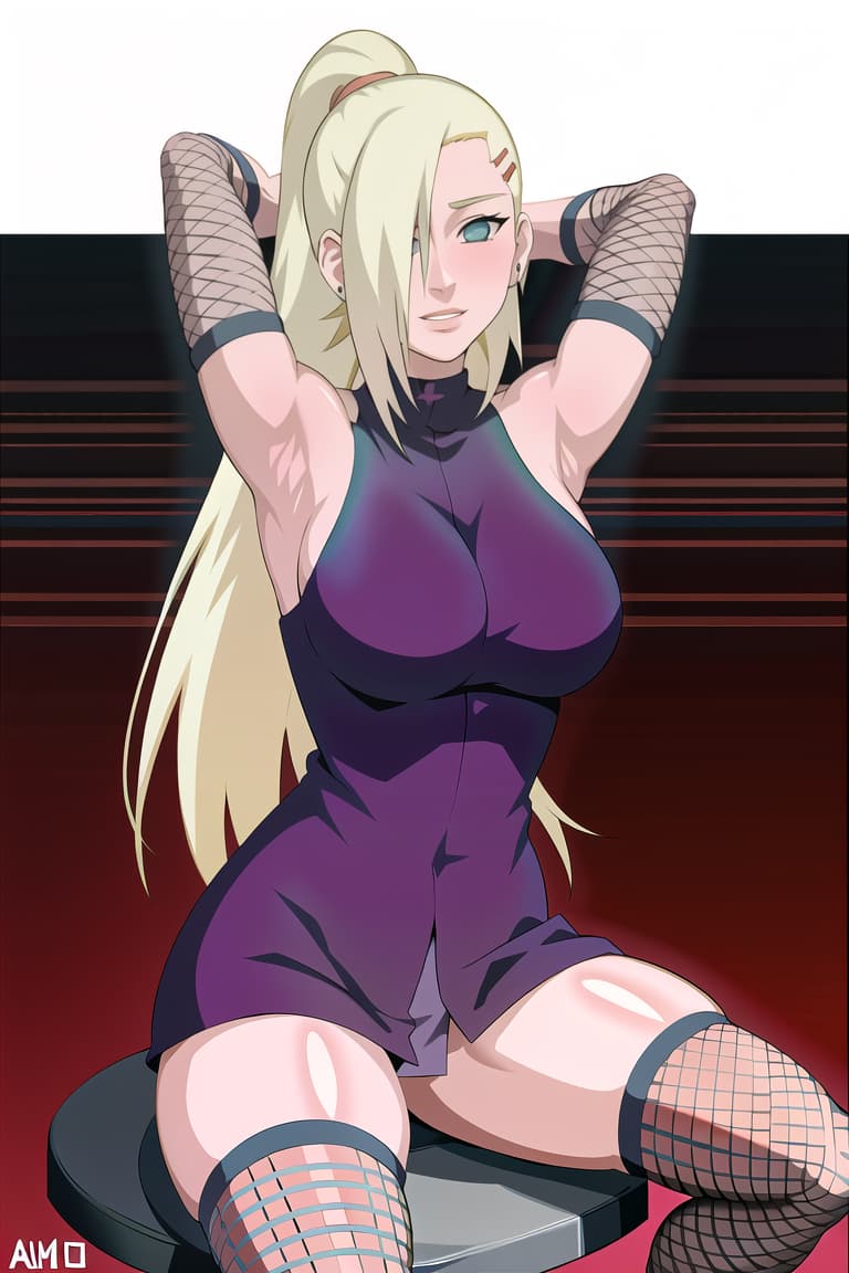  (yamanaka ino:1.2), hair down,(masterpiece, best quality:1.2), ilration, absurdres, highres, extremely detailed,lace dress,sitting on ,sitting on person,leaning on person,charmed face,unfair face,huge s,large , inside, on top, legs,squatting,arms up,middle finger,,ually suggestive,