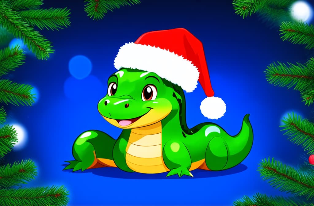  flat illustration, flaticon, (illustration:1.15), green funny smiling snake in red santa claus hat on bokeh background ar 3:2, [cory loftis, strobist, pascal campion :: 0.2]