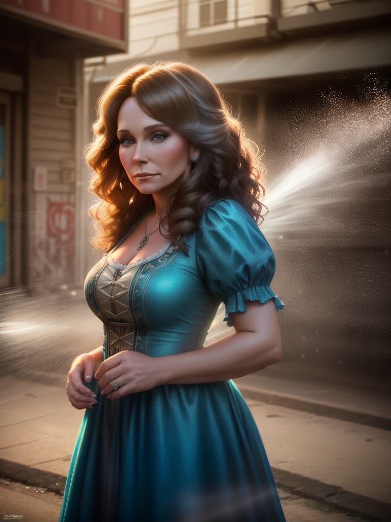  The young country singer Loretta Lynn, medium shot, upper body, spotlight, long exposure lighting, street art style spray paint, glamour lighting