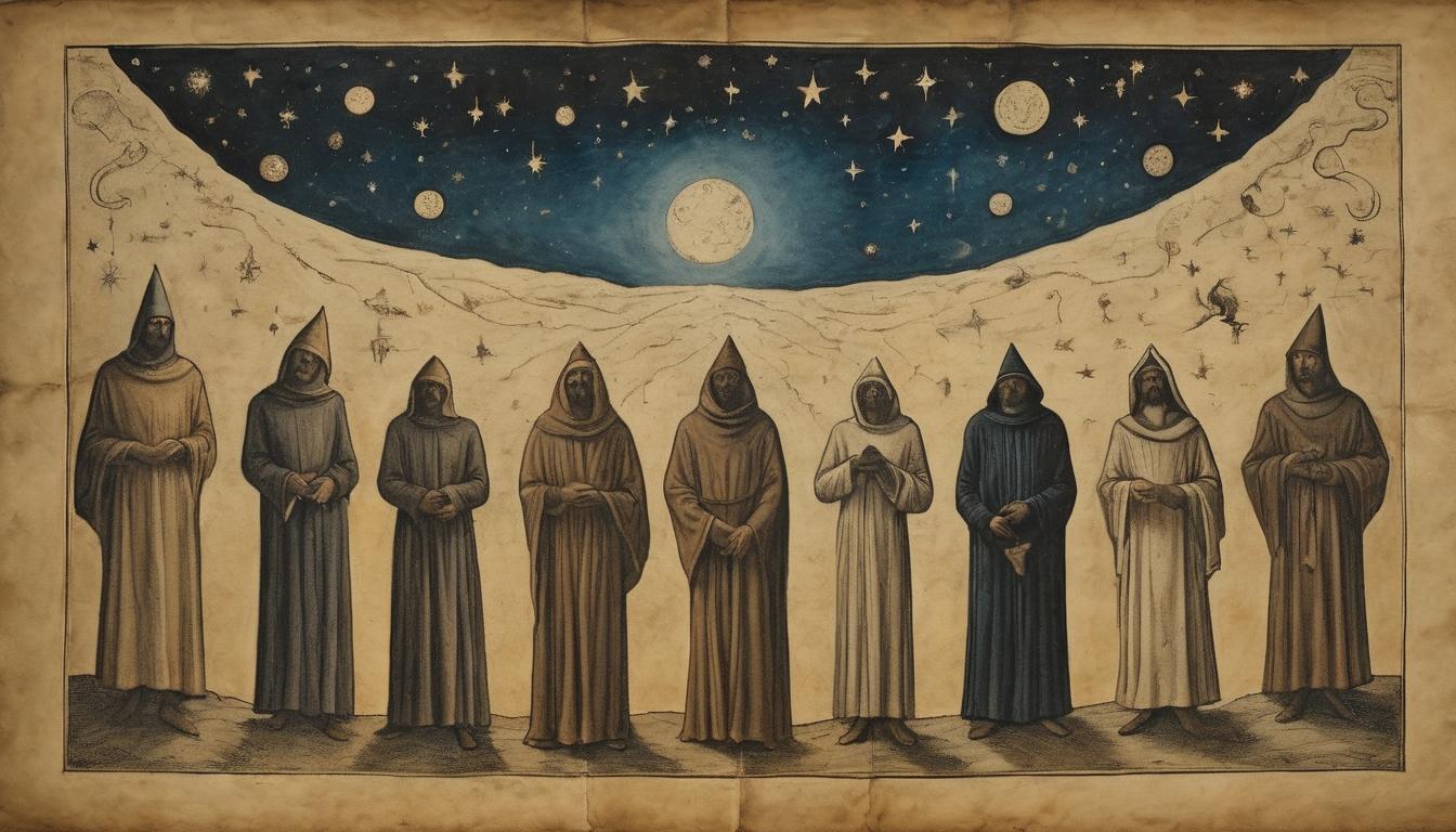  on parchment, surrealism++, a group of enlightened individuals standing together, each glowing with a unique light, under a dark sky filled with stars, camaraderie, brilliance(mysterious, provocative, symbolic)++