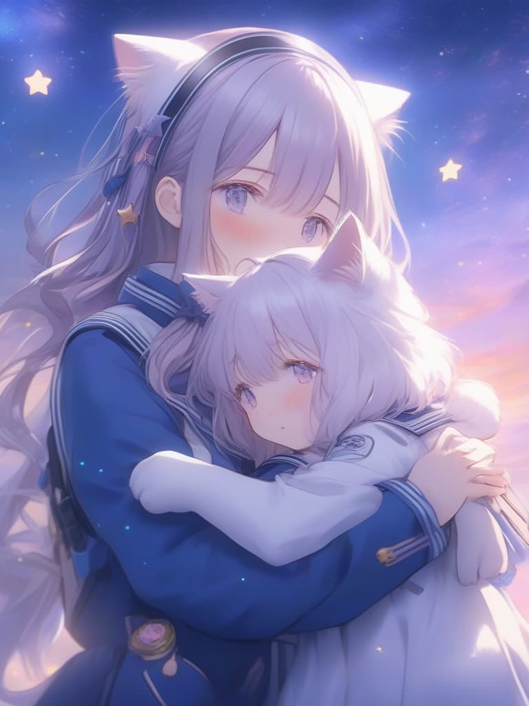  sadness the parting, ☆, the hair is light purple, the eyes are pink, the cat ears, the hair is tied behind, the clothes are in uniforms, two girls, the stars, the stars in the eyes., masterpiece, best quality,8k,ultra detailed,high resolution,an extremely delicate and beautiful,hyper detail