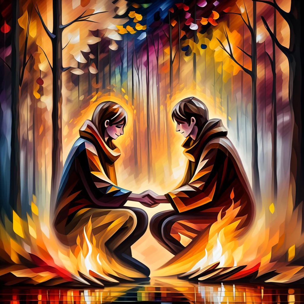  (style of leonid afremov:1.5), two young people in love, wrapped in blankets, sit in front of a fire in an autumn forest, holding hands, epic realism, anime features, dark fantasy, abstract horror, desaturated color palette, gothic and renaissance aesthetic, (happy smiles:1.4 ),