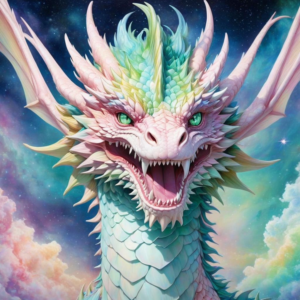  an atmospheric oil picture with a hyperreal portrait of a mesmerizingly beautiful celestial dragon in a rainbow scale of pale pastel tones with huge watery green eyes, colors of sorrow and crystal structures, photo real stars of the pastel tones galaxy