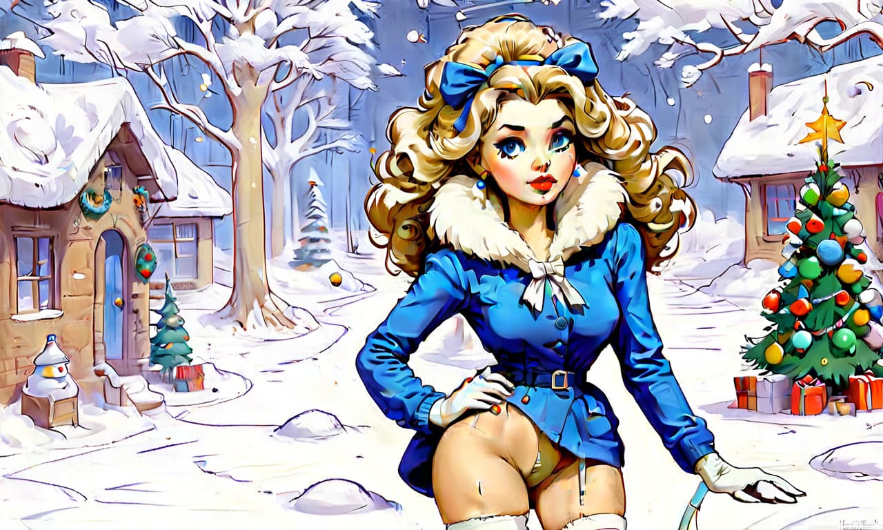  kawaii style "create a painting in the pin up style featuring a young woman with a cute face and makeup. she has light hair styled with large white bows on the sides, from which curly hair flows down. the woman is dressed in a short blue fur coat with a fluffy white fur collar, which accentuates her figure. her arms are extended along her body to mid thigh, with her wrists flared out to the sides. she wears nylon stockings and long white leather high heeled boots, standing as if on her toes. the scene depicts her standing straight in the snow, appearing to shiver from the cold, surrounded by snow and snowdrifts. to her right, there is a fluffy green christmas tree adorned with colorful ornaments and twinkling lights. the snow sparkles and g