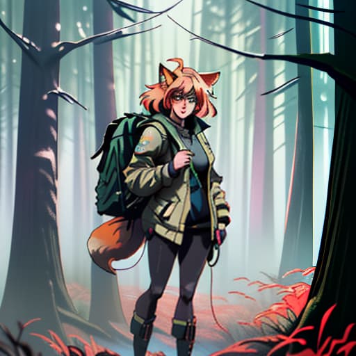  A female fox is standing in the forest. She has a backpack on her shoulders, a gamepad in one hand, and a pistol in the other. She is facing away. It's raining, and the trees are casting unusual shadows., Anime style photo, Manga style, Digital art, glow effects, Hand drawn, render, 8k, octane render, cinema 4d, blender, dark, atmospheric 4k ultra detailed, cinematic sensual, Sharp focus, humorous illustration, hyperrealistic, big depth of field, Masterpiece, colors, 3d octane render, 4k, concept art, trending on artstation, hyperrealistic, Vivid colors hyperrealistic, full body, detailed clothing, highly detailed, cinematic lighting, stunningly beautiful, intricate, sharp focus, f/1. 8, 85mm, (centered image composition), (professionally color graded), ((bright soft diffused light)), volumetric fog, trending on instagram, trending on tumblr, HDR 4K, 8K