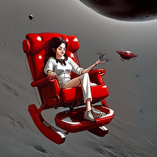  3 red chairs in zero gravity hover on the moon, the background depicts the planet earth