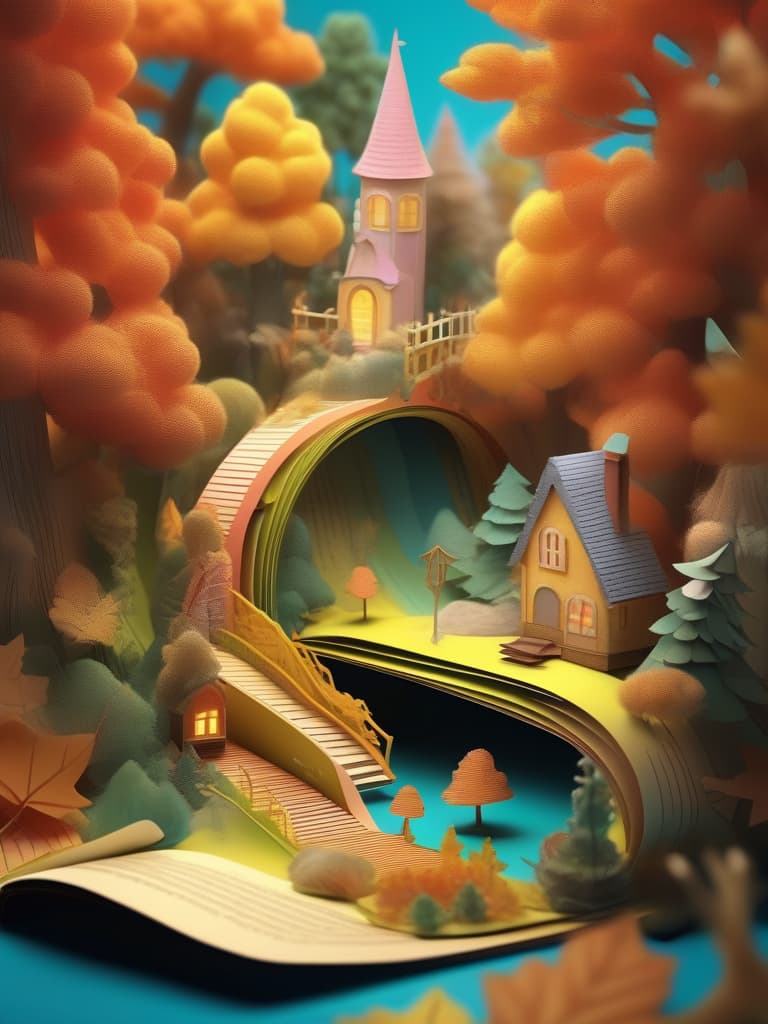  ((3d modeled paper)){3d paper modeling artwork that pushes the limits ((open book,forest with autumn leaves: gentle fairy tale world,3d modeled characters in a book)),neon colors} super detailed,high resolution,absurd,adopted,