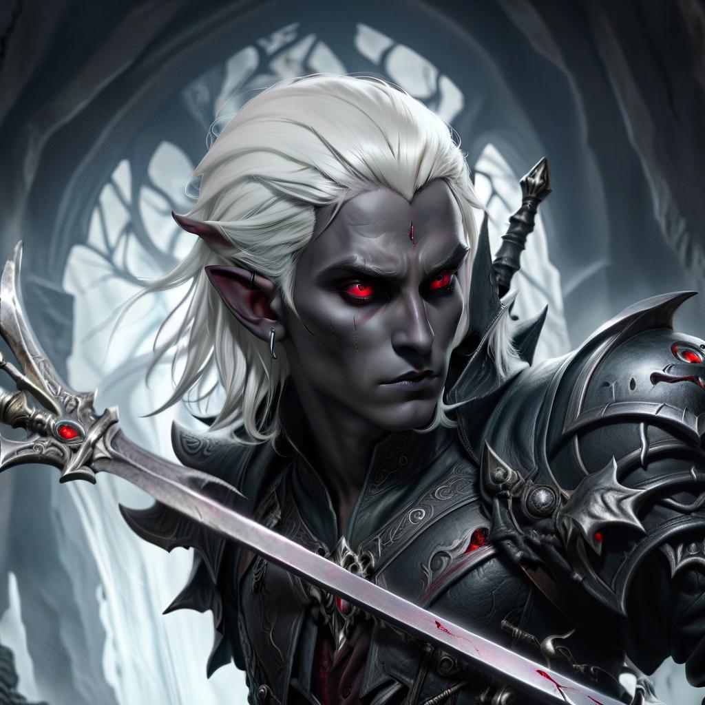  macabre style drow male elf cleric, graphite color skin, red eyes, silver medium haircut, white eyelashes, white brows, black leather jacket, dark cave temple . dark, gothic, grim, haunting, highly detailed, civitai