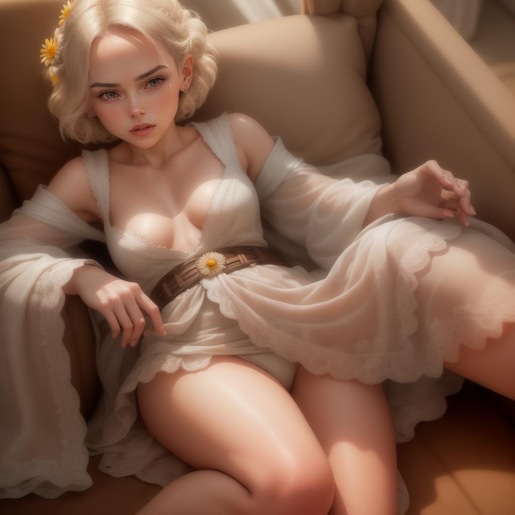  (high definition, hyperrealistic, old blonde woman (((daisy ridley))) in laying , a hyperrealistic painting li di, rococo, boudoir, barbara hammer 4 k, 4 k glamour photography, detailed lucious hair, realistic suned skin, perfect youthful face with vintly colored eyes, small medium s (sheer , sweaty age), youthful but toned abs (faint v line can be seen down to the waist string of her micro ), smooth toned legs. masterpiece, beautiful eyes, colorful details, highly detailed, 8k, natural lighting, incredible composition with extremely intricate details, amazing textures, sensual,:1.2)