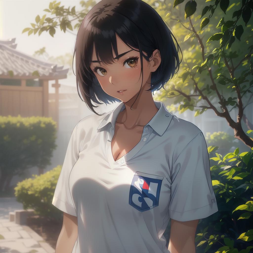  (((anime full torso frontal head shot of a light tan skin tone woman))), da eun nari cho, ((korean heritage)), immature face, brown eye color, ((short hair style)), ((black hair color)), (( body type)), small size, small size, (immature small rounded nose), (immature high cheekbones), (immature smooth jawline), (immature medium lips), (immature broad forehead), (immature natural eyebrows), (immature dimpled chin), standing straight looking directly into the camera,((wearing fitted polo shirt with deep v neck and monogrammed pocket)), backyard in background, 1girl, best quality, highest quality, award winning photo, masterpiece, raw, professional photography, photorealism, sharp focus, cinematic, high resolution, sharp hyperrealistic, full body, detailed clothing, highly detailed, cinematic lighting, stunningly beautiful, intricate, sharp focus, f/1. 8, 85mm, (centered image composition), (professionally color graded), ((bright soft diffused light)), volumetric fog, trending on instagram, trending on tumblr, HDR 4K, 8K