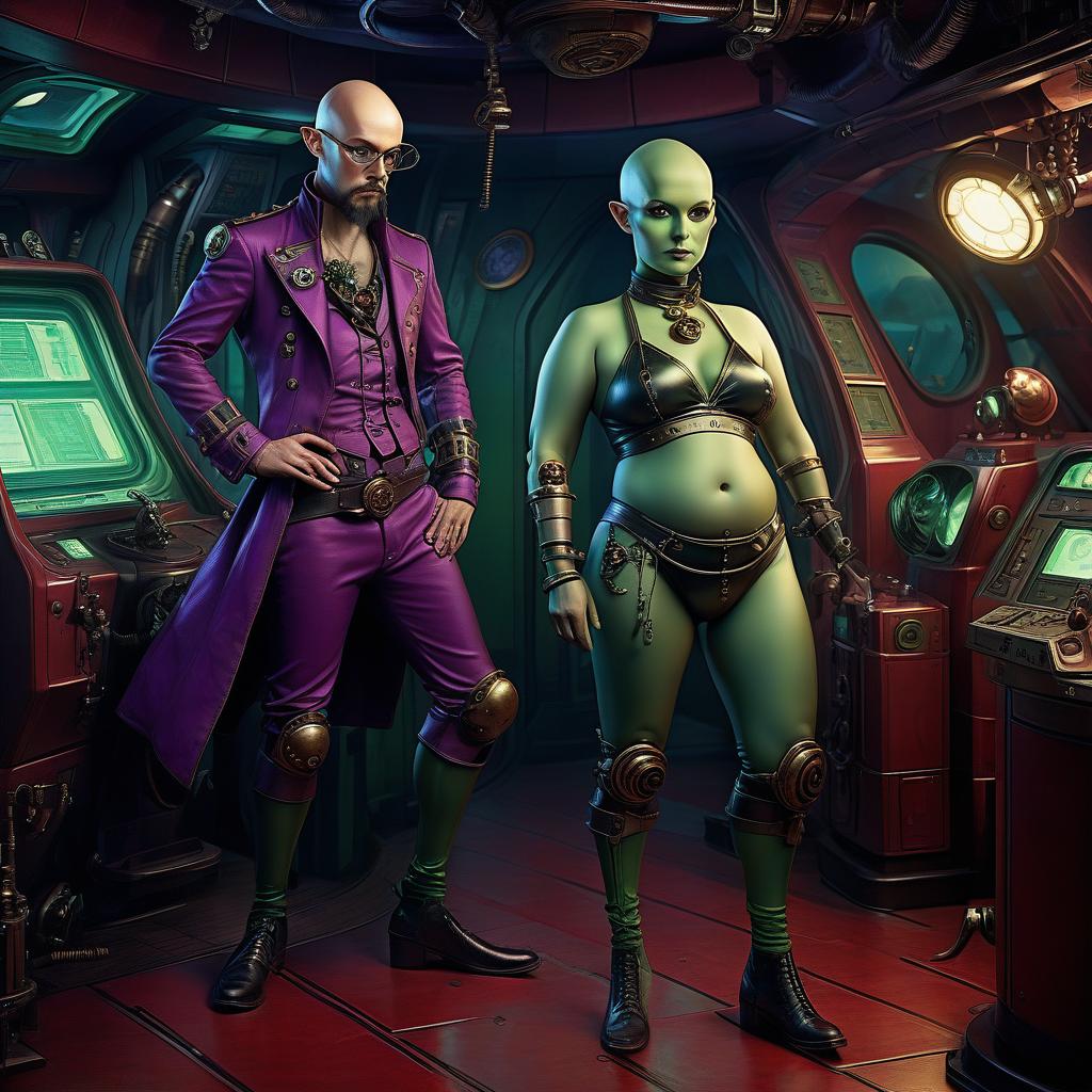  nautical themed a group of space pirates, a young alien, 20 year, purple skin, large size elastic , elegant thin waist, long slender legs, green hair. man, 40 year, small, fat, bald, black. next to the droid and minotaur. full length image, steampunk, dieselpunk, paropunk, standing in a space tavern, against a background of red light. . sea, ocean, ships, maritime, beach, marine life, highly detailed