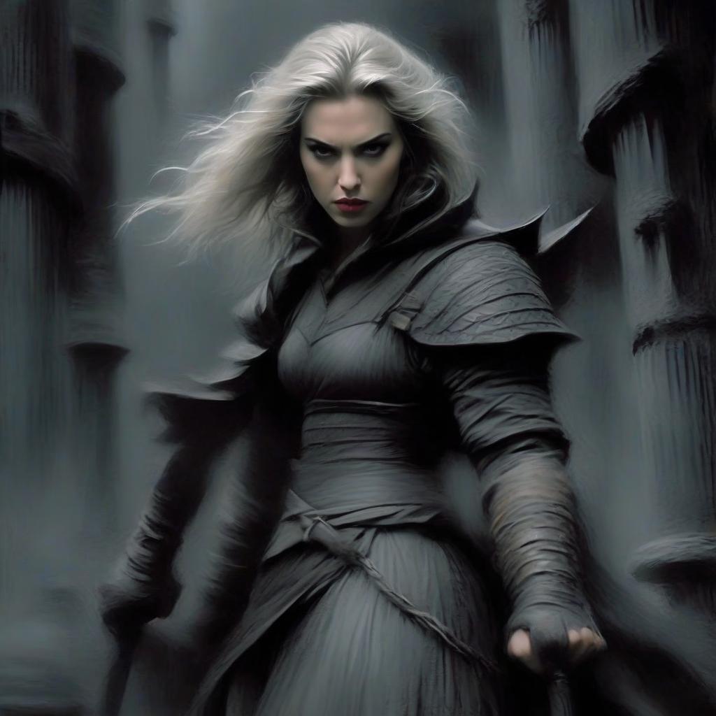  macabre style dark fantasy. scarlett johansson in the form of a warrior thief with white and black straight hair, in long white leather skirts, in plate shoulder pads and plated wrists, in full height. in a dark room with wide dark gray columns. . dark, gothic, grim, haunting, highly detailed, perfecteyes, perfect hands