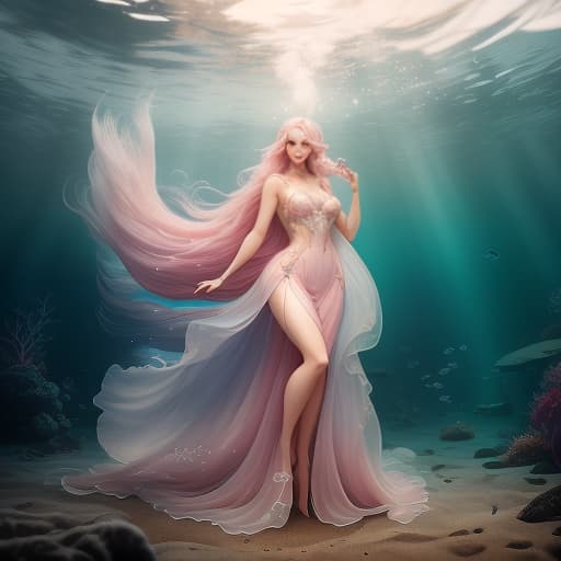  A in a long dress of pearl color with long pink hair is underwater, walking barefoot around beautiful sea plants and fish. A golden fish swims up to one of her hands and illuminates everything around. hyperrealistic, full body, detailed clothing, highly detailed, cinematic lighting, stunningly beautiful, intricate, sharp focus, f/1. 8, 85mm, (centered image composition), (professionally color graded), ((bright soft diffused light)), volumetric fog, trending on instagram, trending on tumblr, HDR 4K, 8K
