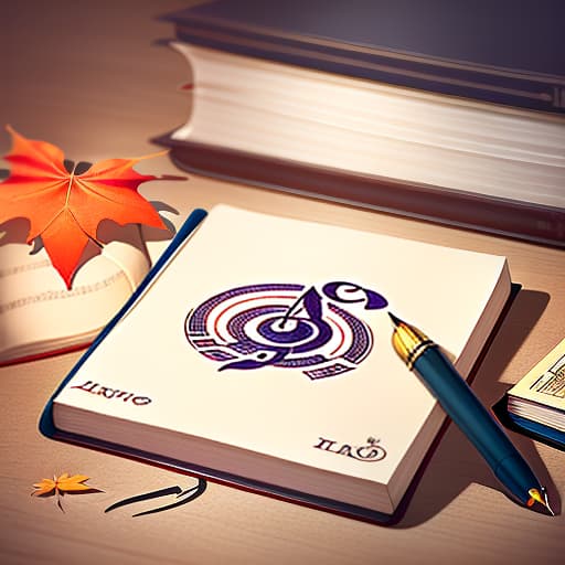  a logo with a book in the center, a musical note at the back, writing a pen in a book and a maple leaf in the background