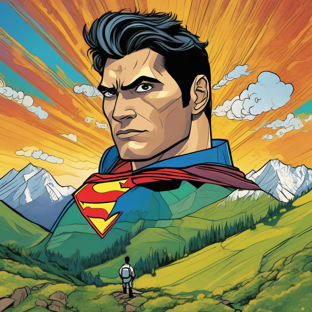  masterpiece, best quality, A Pakistani Superman standing proudly atop a mountain peak, with the lush green valleys and snow-capped peaks of the Himalayas stretching out behind him. The wind ruffles his cape as he gazes into the distance with determination and hope. The sun sets in the background, casting a warm golden light over the scene, creating a sense of awe and wonder. Style: Comic book art inspired by Pakistani culture, with vibrant colors and intricate details. Realization: Digital painting using a comic book style with bold lines and dynamic shading, using a Wacom tablet and Adobe Photoshop.