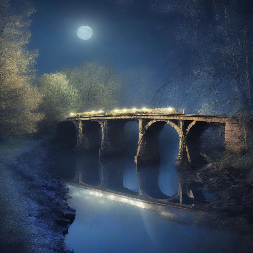  night. an ancient railroad bridge illuminated by blue moonlight.