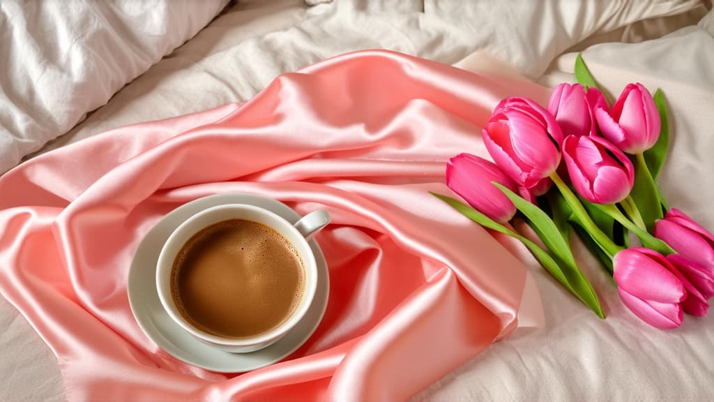  a cup of coffee and some pink tulips on a bed, romanticism, flowing salmon colored silk, pastel pink skin tone, beige, bed is not made, covered with blanket, with a white ar 16:9 {prompt}, maximum details