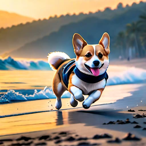  a corgi running down the beach wearing a fedora, ultra realistic style hyperrealistic, full body, detailed clothing, highly detailed, cinematic lighting, stunningly beautiful, intricate, sharp focus, f/1. 8, 85mm, (centered image composition), (professionally color graded), ((bright soft diffused light)), volumetric fog, trending on instagram, trending on tumblr, HDR 4K, 8K