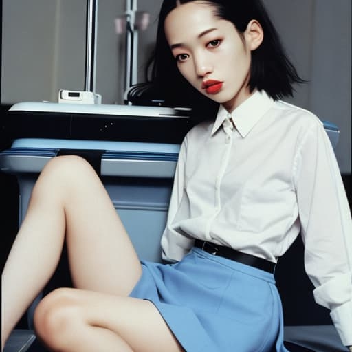  arafed woman in a white shirt and blue skirt sitting on a suitcase, kiko mizuhara, miniskirt, dj sura, +81 magazine, kiyoko suzuki, id magazine, ji-min, akira moto, yukii morita, maxim magazine, milk bar magazine, magazine 1990's, rinko kawaichi