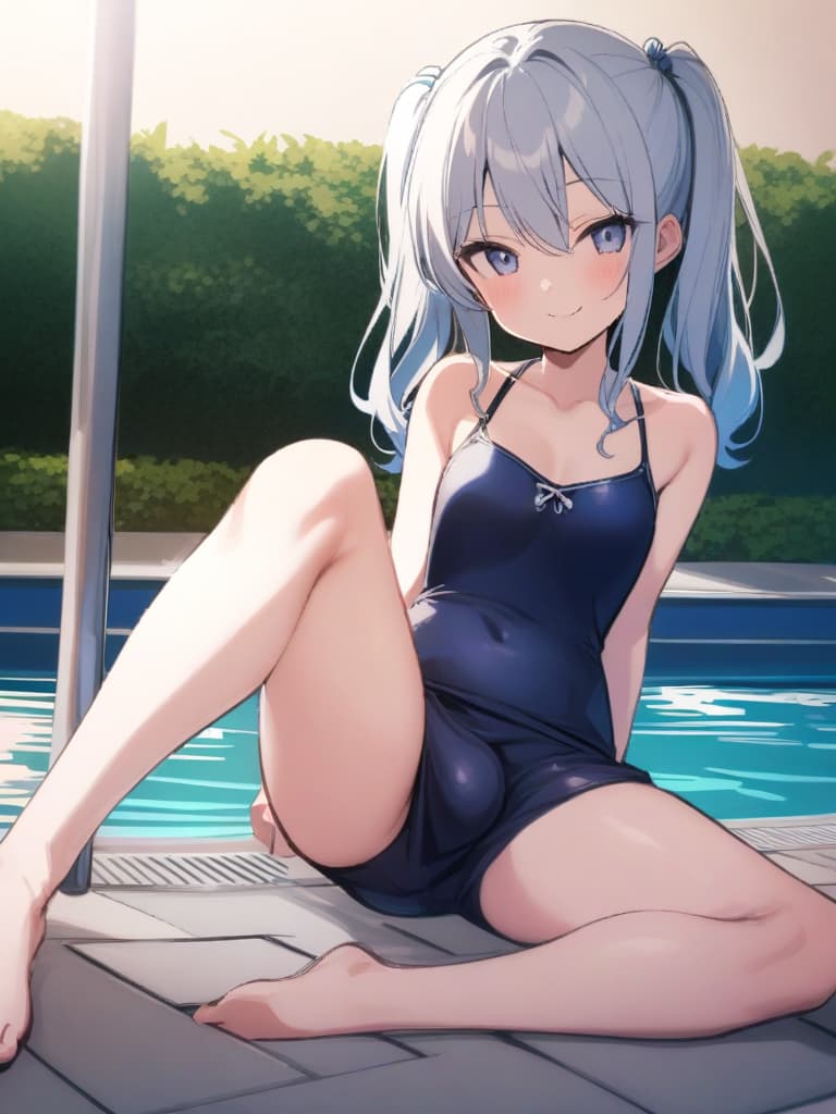  women's elementary student, dark blue swimwear, old swimwear, , , simple, male bulge, swelling, shaped clear, , front, cute smile, twin tail, whole body, pool side, pool side,