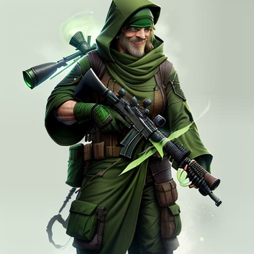  A sniper from Team Fortress 2, equipped with MGE, is dressed as a druid in green clothing with a green hood. A green magical aura surrounds him and he is smiling. He wears a green hood on his head. hyperrealistic, full body, detailed clothing, highly detailed, cinematic lighting, stunningly beautiful, intricate, sharp focus, f/1. 8, 85mm, (centered image composition), (professionally color graded), ((bright soft diffused light)), volumetric fog, trending on instagram, trending on tumblr, HDR 4K, 8K