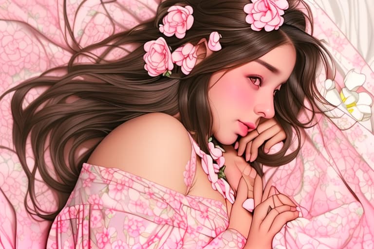  Create a chubby girl with dark brown straight hair wearing a pink floral dress with white flowers tucked in the ear