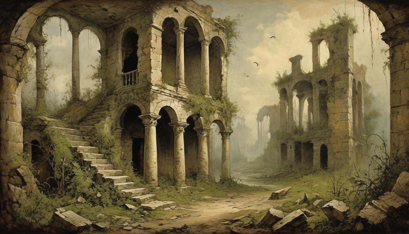  on parchment, surrealism++, a crumbling ruin, broken pillars and shattered walls, overgrown with weeds, decay, inevitable decline(mysterious, provocative, symbolic)++