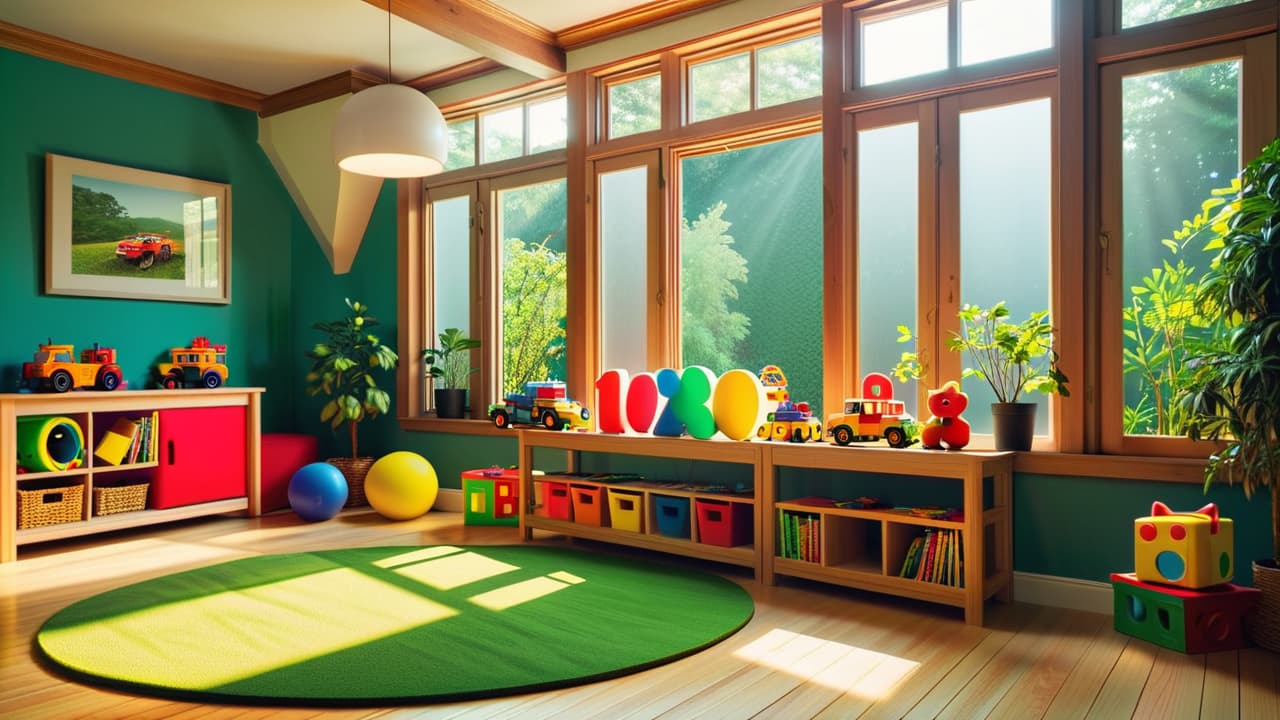  a vibrant playroom filled with colorful ecofriendly toys made from bamboo, recycled wood, and biodegradable materials, surrounded by lush greenery and soft natural light filtering through a window, creating a warm, inviting atmosphere. hyperrealistic, full body, detailed clothing, highly detailed, cinematic lighting, stunningly beautiful, intricate, sharp focus, f/1. 8, 85mm, (centered image composition), (professionally color graded), ((bright soft diffused light)), volumetric fog, trending on instagram, trending on tumblr, HDR 4K, 8K