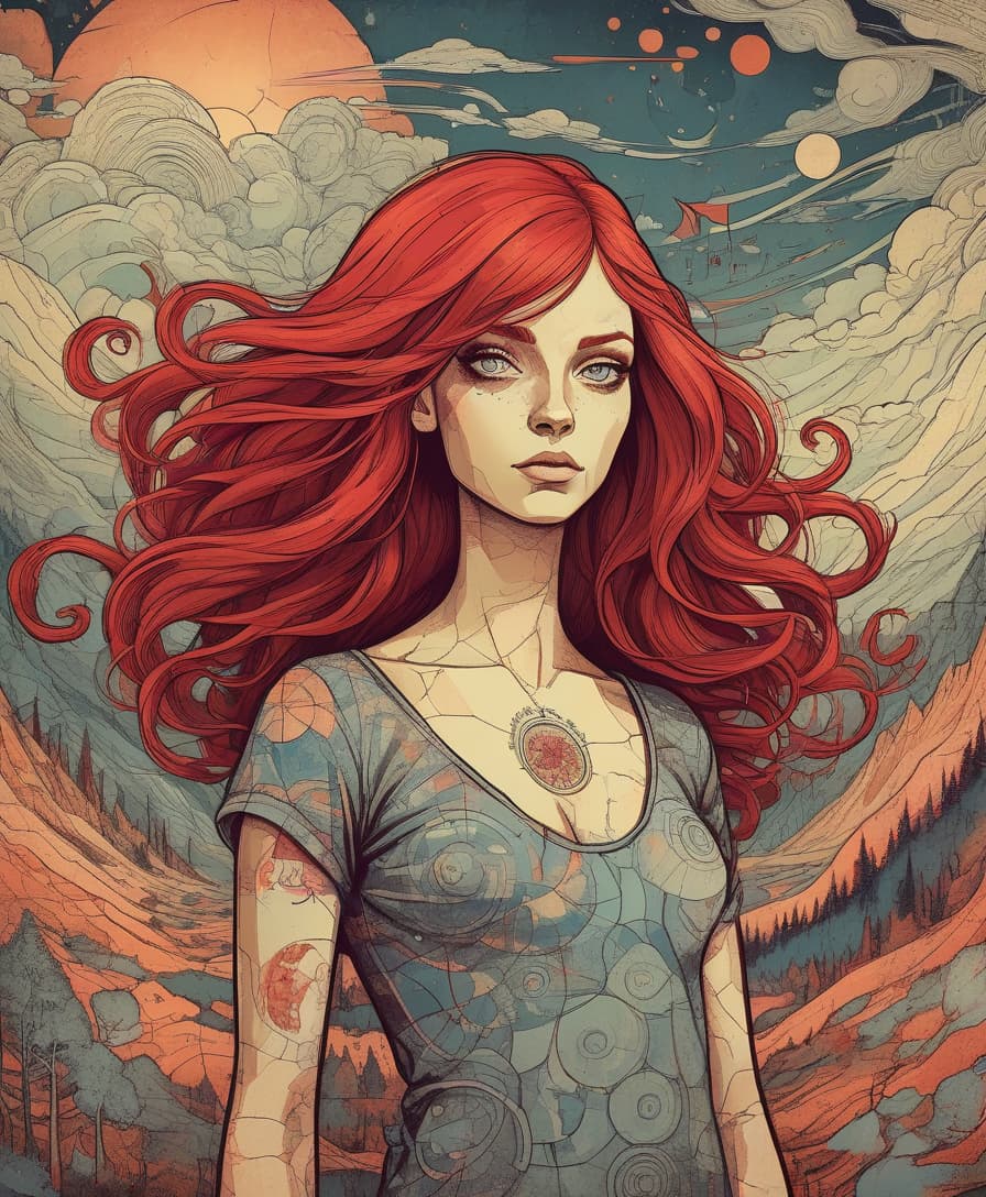  grunge style light, centered, colorful, modern illustration of a girl with wild swirling red hair full of landscapes. portrait, fibonacci sequence, tessellation, art nouveau, heavy outline comic book . textured, distressed, vintage, edgy, punk rock vibe, dirty, noisy