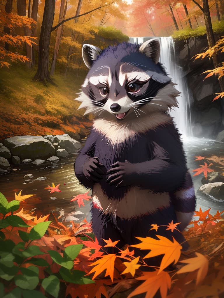  super detailed,8k,high resolution,absurd,employed,detailed,delicately composed,cinematic angles,bold composition,subtle features,{{no people:1.4}}((super cute raccoon)){in the woods,deep in the mountains,waterfall,((hint of autumn,autumnal weather}},top quality,masterpiece,