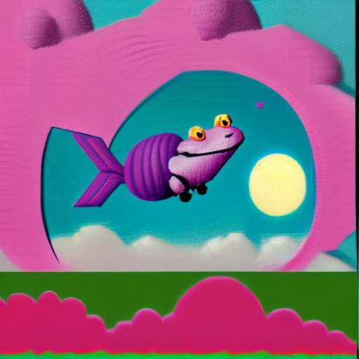 wa-vy style Pink frog with a jetpack flying to the moon