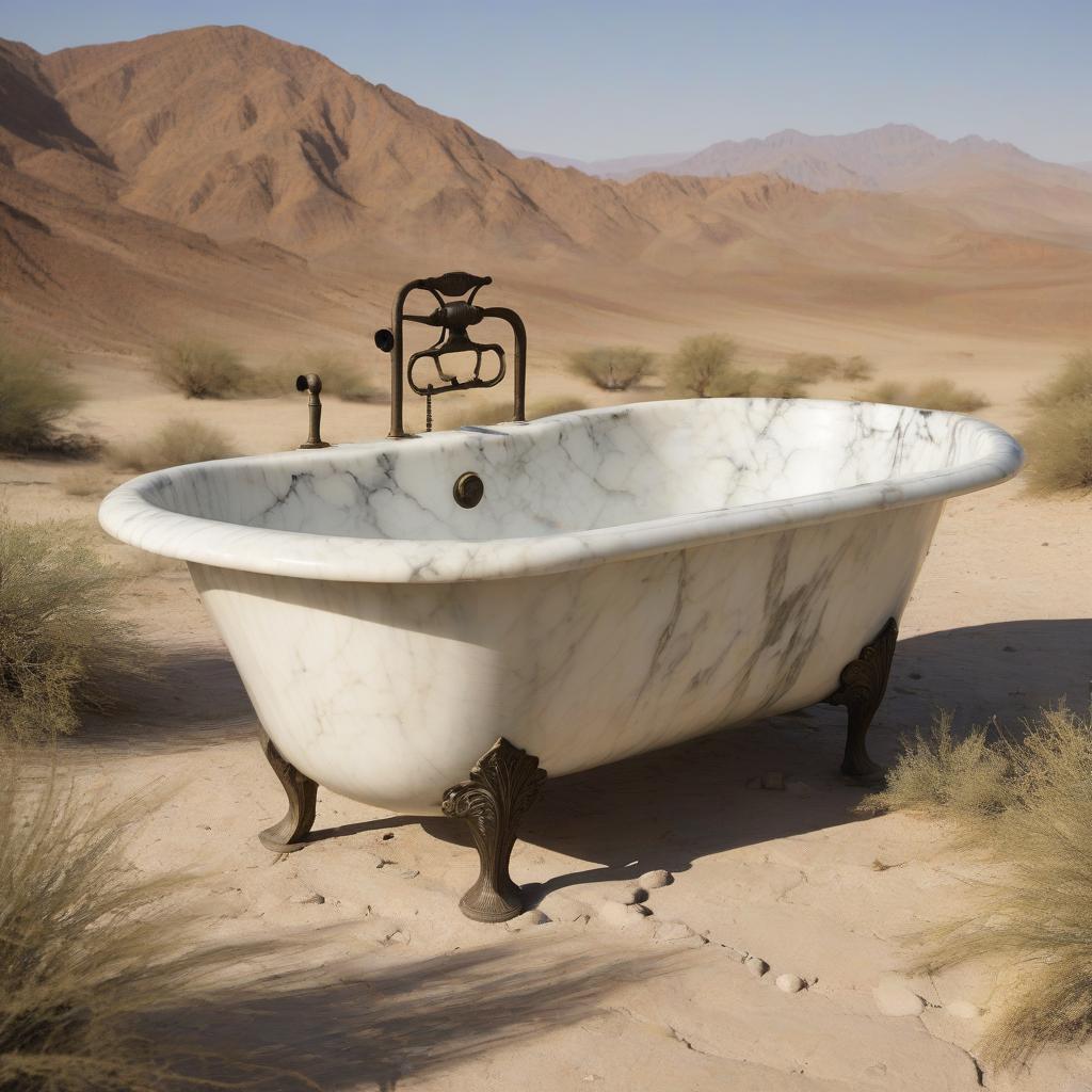  an antique marble steamer tub rushes across the desert on iron legs.