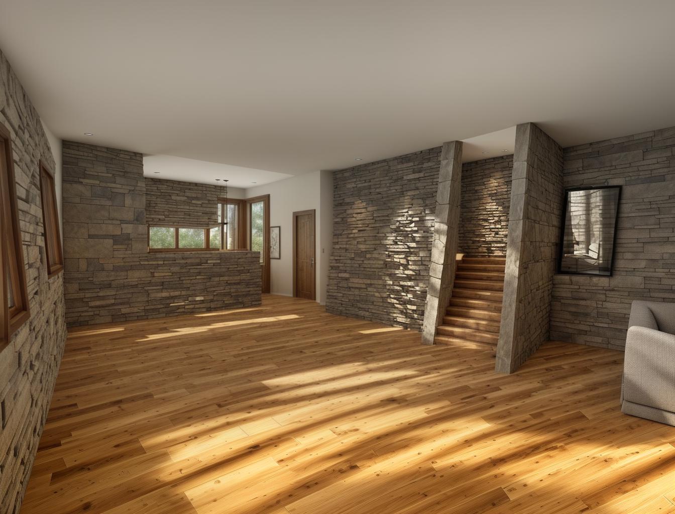  generate a photorealistic image of a living room with a stone accent wall and a wooden floor. the design should include a large window that allows natural light to highlight the texture of the stone wall, creating a balance between rustic and modern elements.