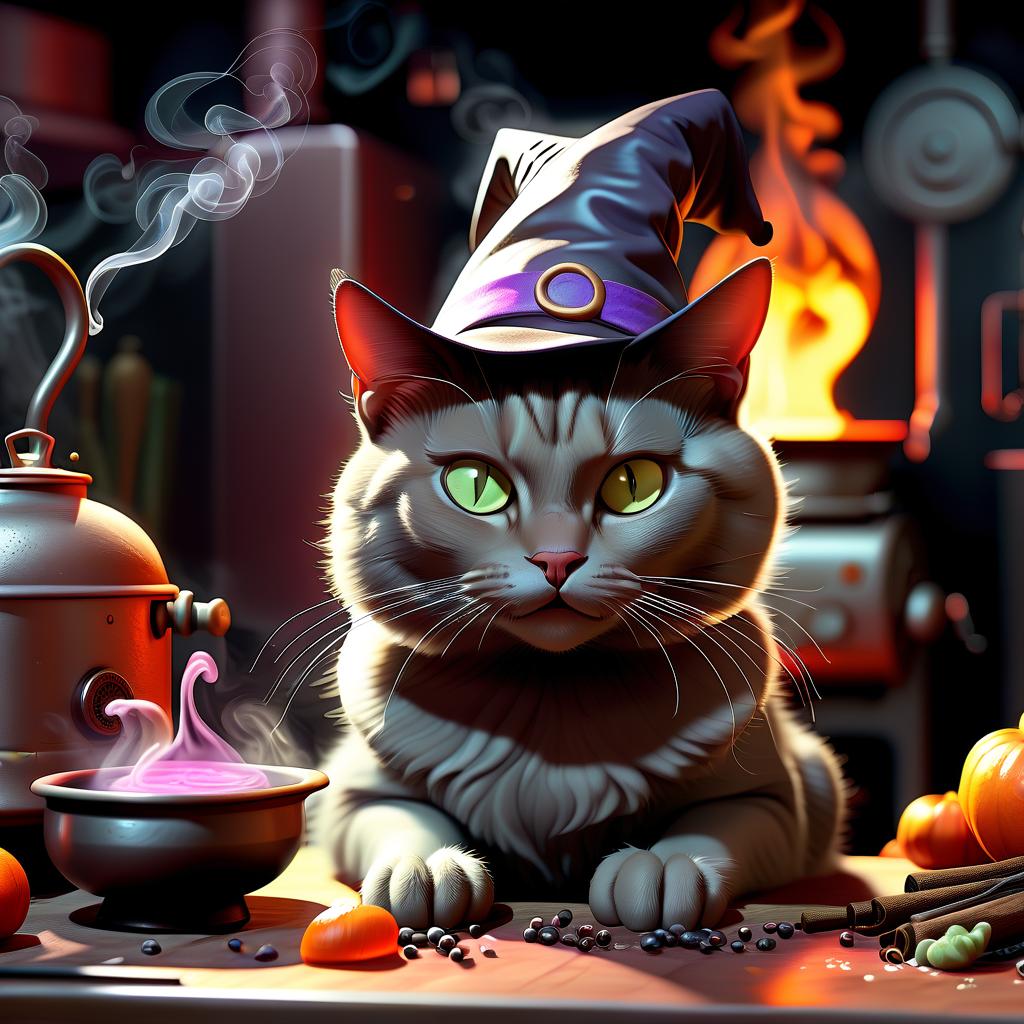  food photography style the cat sits on a table next to a boiler in which a seething potion is brewed. a witch's hat on a cat's head . appetizing, professional, culinary, high resolution, commercial, highly detailed, hkmagic, glowneon