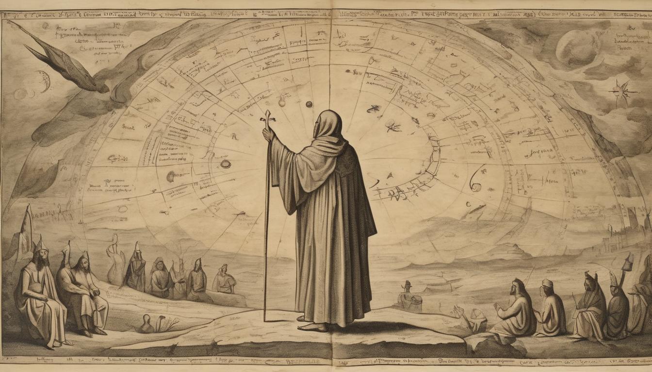  on parchment, surrealism++, figures in robes, standing under celestial formations, gazing upward, diverse expressions, examining inscriptions, celestial alignment, calling(mysterious, provocative, symbolic)++