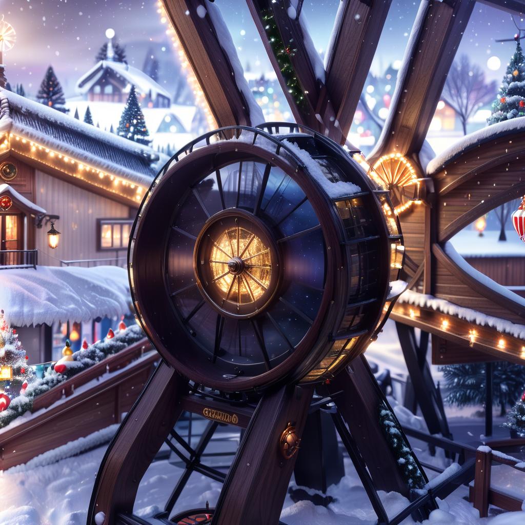  breathtaking christmas ferris wheel cabin with christmas decoration and snow caps on it, winter night, dark colours . award winning, professional, highly detailed, civitai