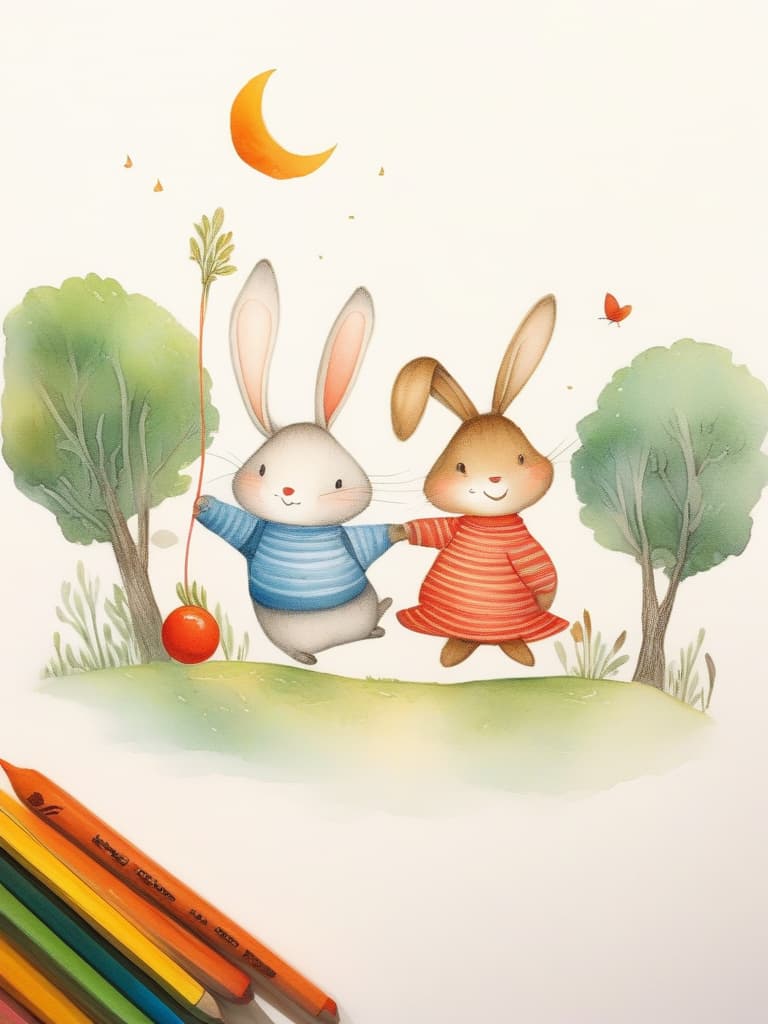  masterpiece,(((two wild rabbits))),lovers,big red balloon🎈,carrots,smiles,good friends,fairy tale style,crayon drawing,gentle colors,delicate,detailed,