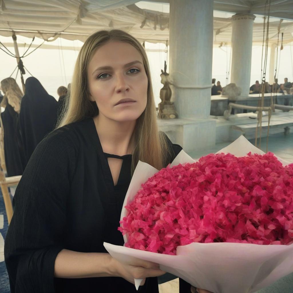  look younger, (very long fair hair), blondy hair, dressed in (closed black greek tunic) with (black greek trousers); maximum detail, maximum quality, specular lighting, shallow depth of field, smooth, cinematic film still, (grey morning background on the sea) with (ancient sport arena) under ((power dome))