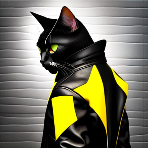 estilovintedois A cat wearing a leather jacket and a black jacket with a yellow tail