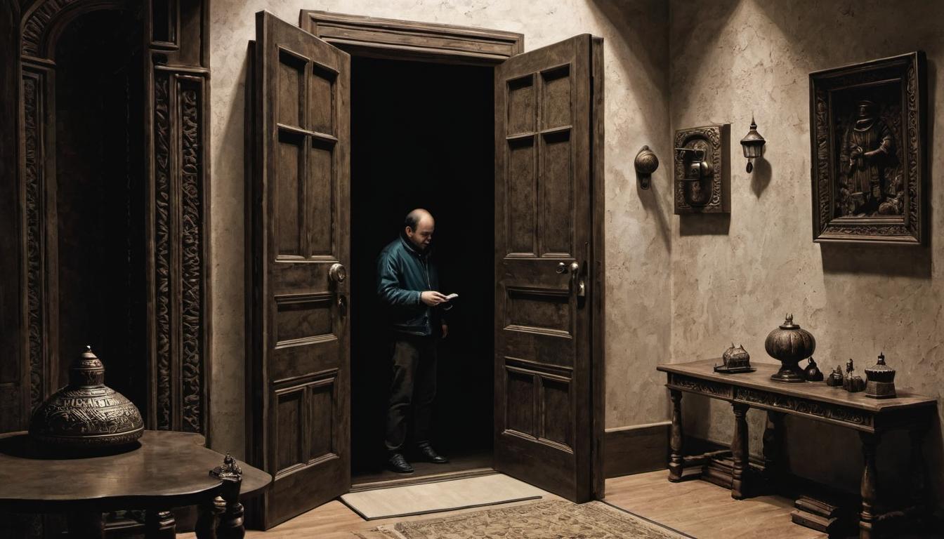  （surrealism)a small personal space, room filled with personal items, another person attempting to enter, hand on the doorknob, softly lit space, sense of intrusion, personal mystic, intricate details, best quality)