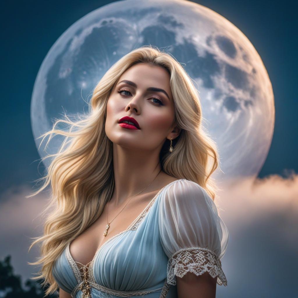  a romantic, highly sensual image of a blond european woman mimicking juliet from romeo and juliet, with tears rolling down her rosy cheeks, watched over by a glowing full moon. take the picture with a fujifilm x t4 and xf 56mm f/1.2 r lens. ensure 'astravision.ai' is at the bottom right corner. hyperrealistic, full body, detailed clothing, highly detailed, cinematic lighting, stunningly beautiful, intricate, sharp focus, f/1. 8, 85mm, (centered image composition), (professionally color graded), ((bright soft diffused light)), volumetric fog, trending on instagram, trending on tumblr, HDR 4K, 8K