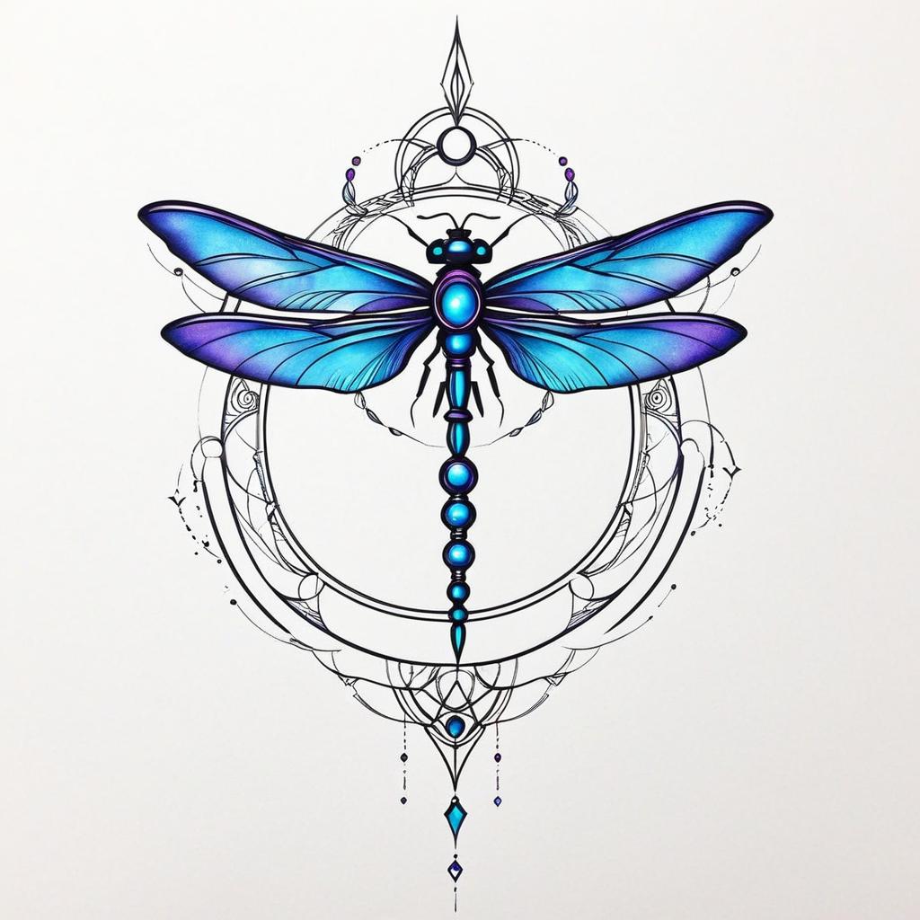  a cybernetic dragonfly with two crescent moons. use the colors blue, purple, and pink. cyberpunk theme,(tattoo), tattoo design